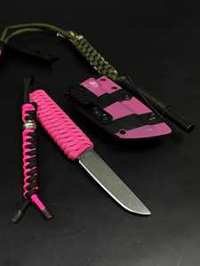 Couteau de camping rose en acier inoxydable, lame droite à pointe clip, manche en paracorde rose - Product Image 1