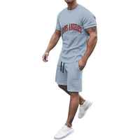 Ensemble T-shirt et short tissé bleu clair Los Angeles pour homme – Tenue décontractée d'été en coton tricoté respirant – Vêtement deux pièces
