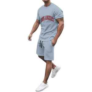 Ensemble T-shirt et short tissé bleu clair Los Angeles pour homme – Tenue décontractée d'été en coton tricoté respirant – Vêtement deux pièces - Product Image 5