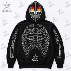 Sudadera con Capucha Negra Gótica con Diseño de Calavera y Cierre de Cremallera para Hombre, Diseño de Esqueleto Estampado, Corte Regular, Sudadera con Capucha para Otoño - Product Image 2