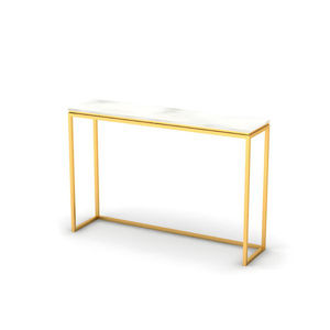 Table console moderne glamour en faux marbre blanc et or, table d'entrée, table de canapé, meuble d'appoint de luxe avec base en métal à double arc géométrique - Product Image 6