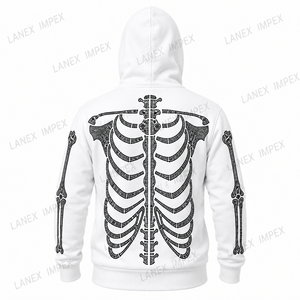 Men’s White Skeleton Rhinestone Hoodie with Full Zip Balaclava Mask, Crystal Skull Bone Design, <b>Gothic</b> Hip Hop Streetwear <b>Jacket</b> - Product Image 3