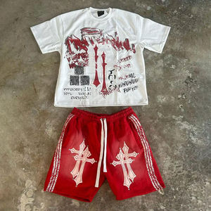 Ensemble short et t-shirt décontracté deux pièces pour homme, imprimé sérigraphié délavé à l'acide, coupe oversize, collection été - Product Image 4