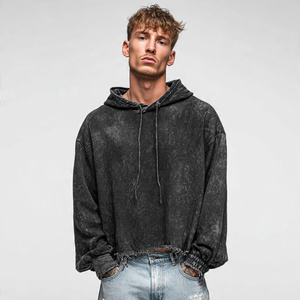 Sudadera con capucha para hombre, de manga larga, corta, lavada, estilo urbano de invierno, con hombros caídos, top corto de moda para hombre - Product Image 4