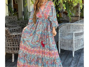 Vestido Vintage Bohemio de Seda Tejida con Botones, Cuello en V, Mangas Largas, Estampado Tropical, Ecológico, Lavable, Informal, para Verano, Invierno y Vacaciones - Product Image 6