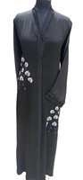 Robe Abaya de Luxe Modeste Noire à Motifs Floraux de Dubaï pour Femme Musulmane, en Polyester Respirant, Col en V, Manches Longues, Longueur au Sol, pour Adultes, Été Automne