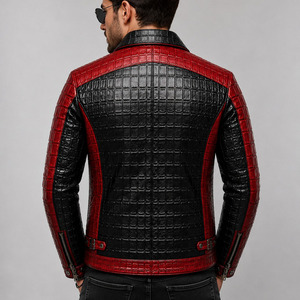 Veste en cuir noire et rouge pour homme, style motard, motif crocodile embossé, fermeture éclair, col rabattu, coupe ajustée, pour l'automne - Product Image 2