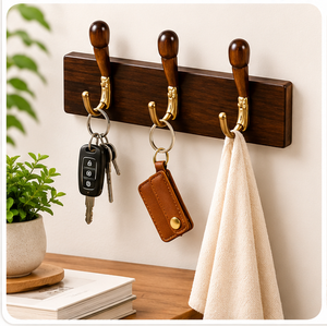Premium Solid Walnut Modern <b>Wall</b> Mounted <b>Coat</b> <b>Rack</b> with 3 Antique Brass Hooks Wood Hook Rail Kitchen & Bathroom Organization - Product Image 2
