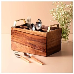 Porte-ustensiles en bois, support à couverts, organisateur de cuillères, fourchettes et couteaux, rangement pour comptoir de cuisine, support en bois rustique - Product Image 1