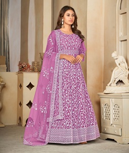 Premium Luxury Women's <b>Light</b> Purple Anarkali Suit 3/4 Sleeve <b>Net</b> Santoon Semi-Stitched Stretchable Quick Dry for Party Weddings - Product Image 4