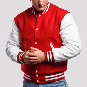 Red and White Varsity Jacket for Men Classic Wool Letterman Bomber Baseball College Style Jacket with Snap <b>Buttons</b> and Ribbed - Product Image 2