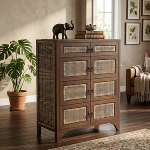 New Modern <b>Minimalist</b> Makassar Wooden Storage Cabinet Natural Rattan Webbing 8 Doors Chest Side <b>Table</b> Storage Nightstand - Product Image 3