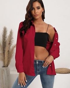 Chemise boutonnée en coton rouge pour femmes, manches trois quarts, couleur unie, col rabattu, coupe régulière, hauts de loisirs toutes saisons - Product Image 2
