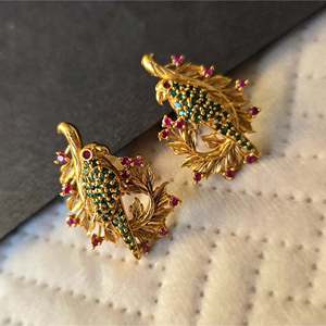 Gold Plated Brass Parrot Stud Earrings with Pearl and Diamond Accents - Product Image 3