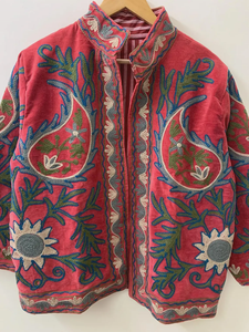 Handmade Bohemian Winter Coat Floral Suzani Embroidered <b>Velvet</b> <b>Jacket</b> Windproof Knitted Duster Cotton Floral Suzani Embroidered - Product Image 2