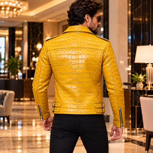 Veste de motard en cuir véritable gaufré crocodile jaune de luxe pour homme – Veste de mode moto haut de gamme - Product Image 2