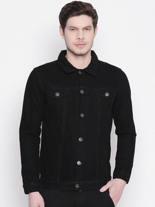 Veste en jean noire pour homme, col rabattu, fermeture boutonnée, coupe ajustée décontractée, pour l'automne, couleur unie, en coton et fibre de bambou tissée - Product Image 3