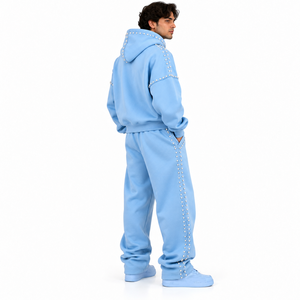 Wholesale Men's Embellished Cotton tracksuit Beaded Zip Up Hoodie Co/Ord Luxury <b>Stud</b> Streetwear Pastel Decoration OEM <b>Clothing</b> - Product Image 3