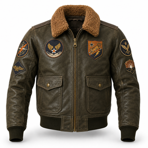 Chaqueta Bomber de Cuero Genuino Vintage para Hombre con Diseños de Parches Bordados, Forro de Sherpa, Cierre de Cremallera, Ropa de Invierno - Product Image 1