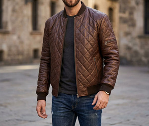 OEM Custom Wholesale <b>Men's</b> Cowskin Leather <b>Jacket</b> Brown Quilted <b>Bomber</b> Style Premium Quality Winter Outerwear Genuine Leather - Product Image 4