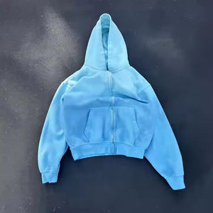 Sudadera con Capucha Unisex Azul Claro, Corta, de Forro Polar, Holgada, de Manga Larga, Color Sólido, Diseño Casual con Bolsillos, para Invierno - Product Image 1