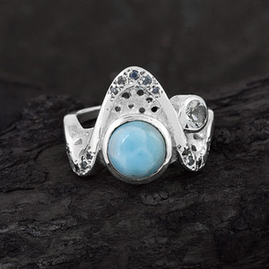 แหวนเงินแท้ 925 ประดับพลอยลาริมาร์บลูโทแพซธรรมชาติ ดีไซน์คลาสสิก เรียบหรู สำหรับผู้หญิง สวมใส่ในงานแต่งงานหรืองานหมั้น - Product Image 3