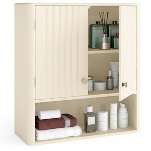 Mobiletto da Parete Beige Scanalato 21.5"x7.5"x24" per Sopra il WC con 2 Ante, Ripiano Aperto e Ripiano Regolabile a 3 Posizioni - Product Image 1