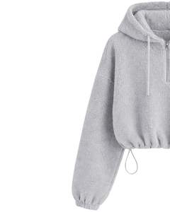 Sudadera con capucha corta de forro polar texturizado gris claro con cremallera de cuarto, dobladillo con cordón ajustable, estilo casual urbano, cálida, para hombre, con logo personalizado - Product Image 2