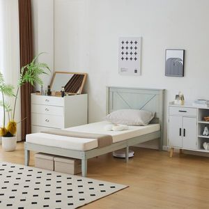 Twin Size Solid Oak <b>Platform</b> <b>Bed</b> <b>Frame</b> with Hand Carved Headboard Gray Wash Finish Rustic Style for Farmhouse Soft <b>Bed</b> Storage - Product Image 5