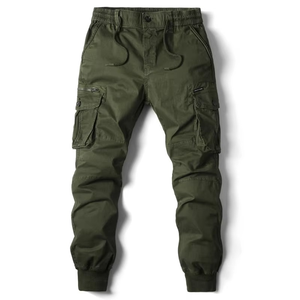 Pantalon cargo vert olive pour homme, taille élastique, plusieurs poches, usage sportif, 100% coton, léger, respirant, vêtements d'été - Product Image 1