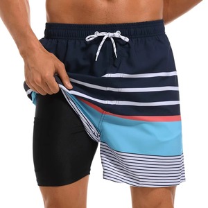 Shorts de bain rayés à séchage rapide pour hommes, doublés à deux couches, avec cordon de serrage, vente en gros OEM, vêtements d'été - Product Image 4