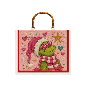 Sac fourre-tout de Noël tendance fait main, orné de perles, avec motifs Casse-Noisette et arbres, poignées en bambou et style vintage - Product Image 5