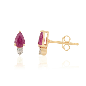 Pendientes Minimalistas de Oro Amarillo Puro de 14K Hechos a Mano para Mujer, con Rubí y Diamante Corte Pera de 6x4mm, Joyería de Piedra de Nacimiento de Julio, Venta al por Mayor - Product Image 3