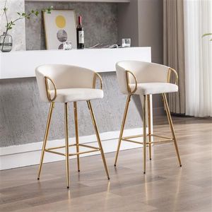 Set di 2 Sgabelli da Bar Moderni Color Crema, 30 Pollici, Design Semplice Antico con Poggiapiedi e Base Cromati, Velluto + Gambe Dorate - Product Image 1