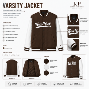 แจ็คเก็ตวาร์ซิตี้ปักลายนิวยอร์กสำหรับผู้ชาย สีน้ำตาล แขนสีขาว เสื้อโค้ทลำลองสำหรับฤดูใบไม้ร่วง ปกคอพับ ทรงปกติ ขายส่ง - Product Image 1