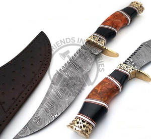 Nueva edición de cuchillo Bowie Damasco hecho a mano de 13 pulgadas, hoja fija, para caza y camping al aire libre, con mango de resina y cuerno de toro. - Product Image 1