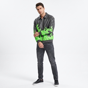 Dumela Men's White Genuine Bomber Jacket Blue Flame Print <b>Turn</b>-down Collar Single <b>Button</b> Closure Autumn Moto Style Quick Dry - Product Image 2