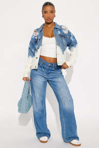 Chaqueta vaquera desgastada para mujer con agujeros rotos y diseño de bloques de color con efecto goteo, corte regular, abrigo casual de primavera - Product Image 3