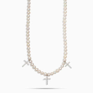 Collar de Perlas de Agua Dulce de Lujo con Cruz, Plata de Ley 925, Moissanita VVS, Gargantilla de Perlas con Cruz para Mujer - Product Image 3