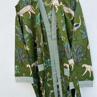 Bata Kimono Larga de Algodón Estampado con Cuello en V y Cintura Ajustable, Lavable a Máquina, para Maternidad, Dama de Honor o Ropa de Noche