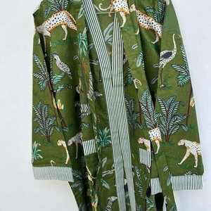 Bata Kimono Larga de Algodón Estampado con Cuello en V y Cintura Ajustable, Lavable a Máquina, para Maternidad, Dama de Honor o Ropa de Noche - Product Image 4