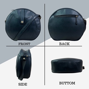 Bolso bandolera redondo de cuero genuino negro para mujer – Bolso de hombro circular ligero con cierre de cremallera - Product Image 2