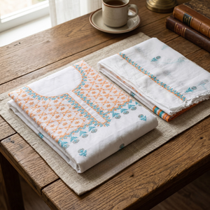 Handmade Women's <b>Chikankari</b> Cotton <b>Suit</b> with Sky Blue and Orange Embroidery Premium Set - Product Image 4