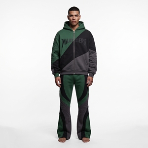 Mens Green <b>Black</b> Gray Quilted Tracksuit Set <b>Zip</b> Up <b>Hoodie</b> Jacket Wide Leg Pants Custom Streetwear Sportswear - Product Image 1