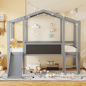 Letto a soppalco per bambini a una piazza e mezza con scaletta e scivolo, grigio con lavagna e striscia luminosa, design a casetta - Product Image 2