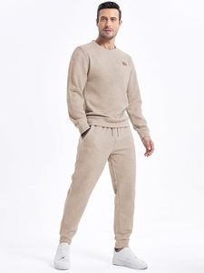 Ensemble sweat-shirt à capuche et pantalon à cordon de serrage pour homme, couleur beige unie, coupe classique, vêtements d'hiver - Product Image 4