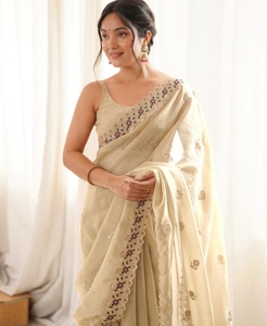 Sari de Chifón Reversible sin Arrugas con Bordado para Mujer, Diseño Bollywood de Otoño, con Blusa sin Coser (Beige) - Product Image 1