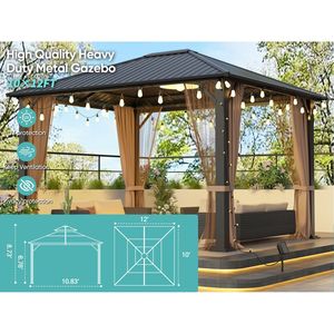 Gazebo in Metallo Resistente 10x12 con Tetto Rigido e Zanzariere, Tenda da Esterno in Acciaio Zincato Robusto, Pergola - Product Image 4