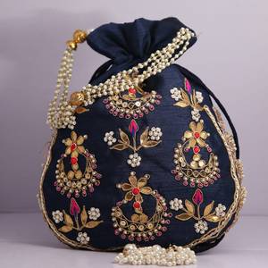 Handmade Customizable <b>Navy</b> Blue Silk Potli <b>Purse</b> with Gold Floral Embroidery and Pearl Beadwork Drawstring Closure for Wedding - Product Image 6