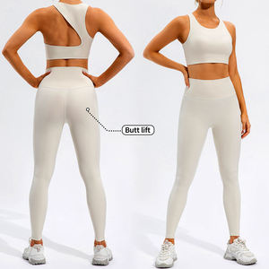 Ensemble de yoga 2 pièces pour femme : Crop top blanc dos nageur et Legging taille haute longueur intégrale sans couture effet push-up - Product Image 1